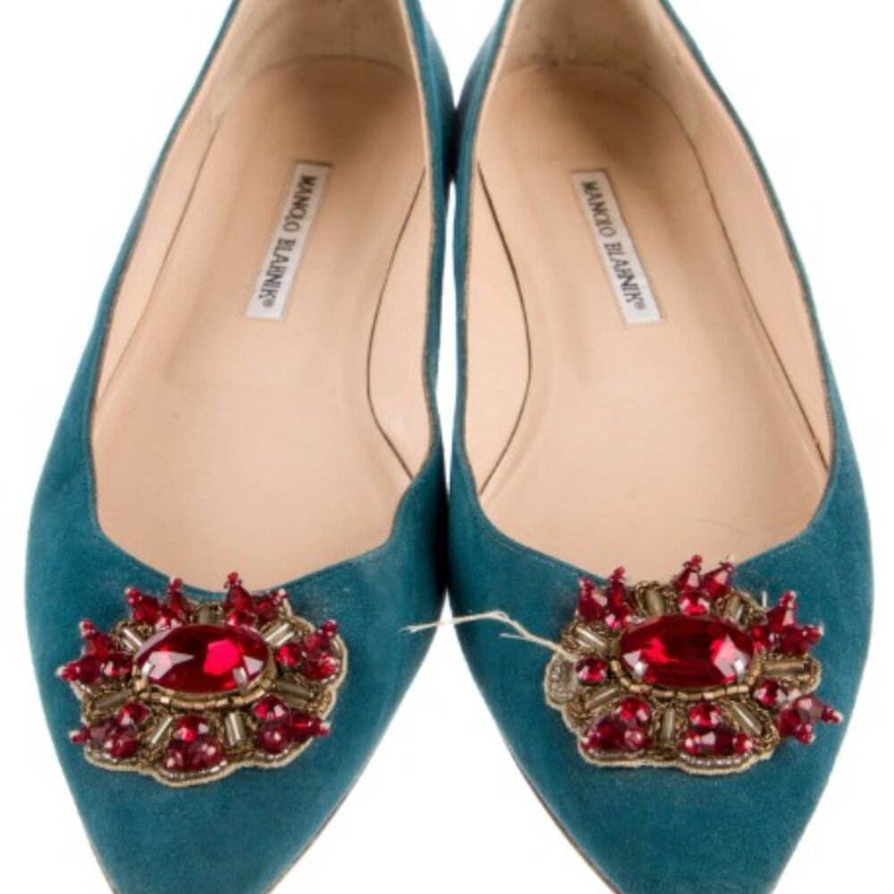 Manolo Blahnik Suede Flat, Teal with Red Embellisment - 41.5